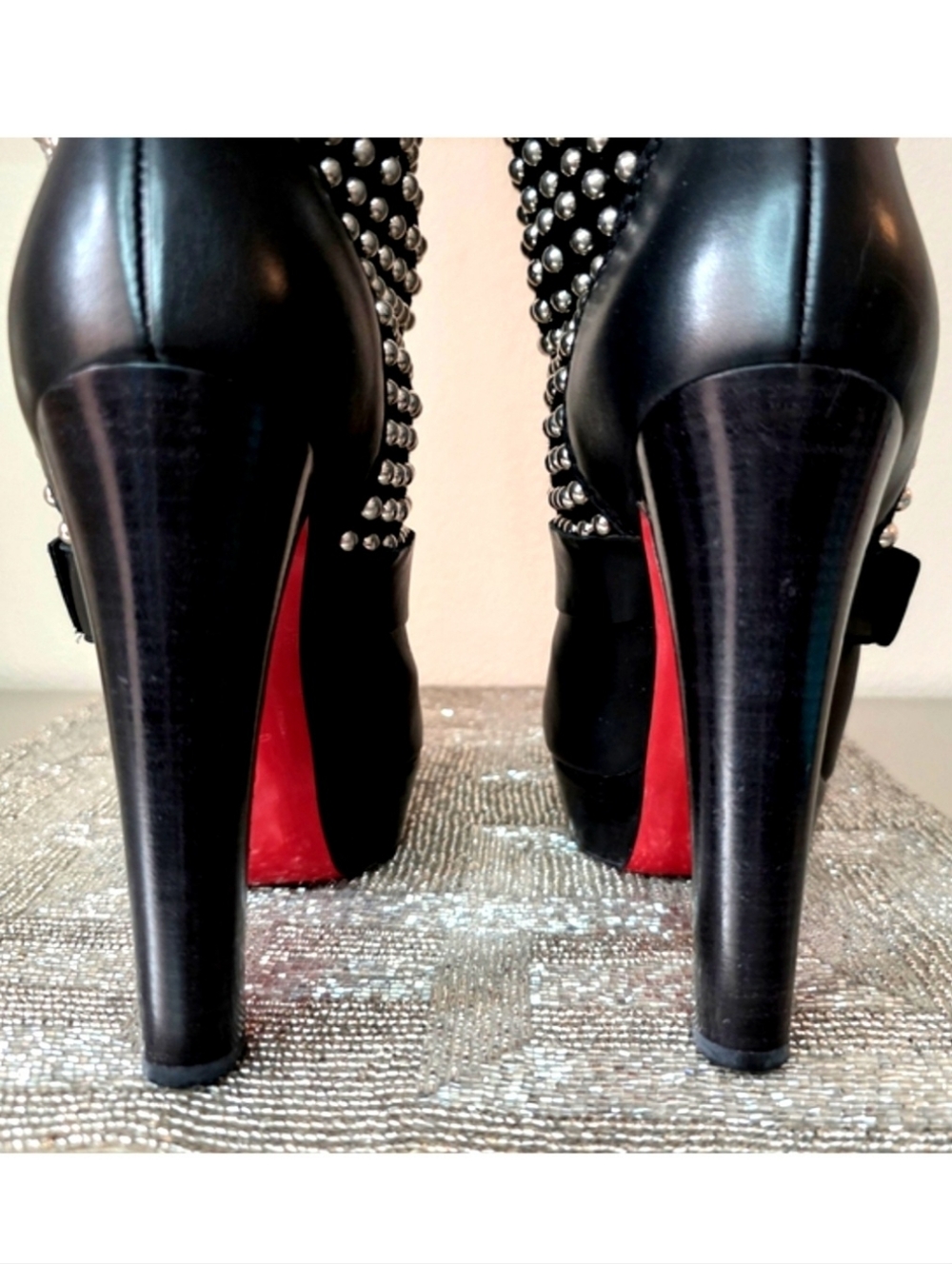 Christian Louboutin Black Leather Silver Studded Platform Platform Boots EU 38.5 - Picture 7 of 15